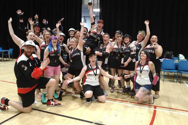 Sheffield roller derby team Hallam Hellcats celebrate victory after being promoted to Tier 2 in the Five Nations Roller Derby Championships (Photo: Hallam Hellcats)