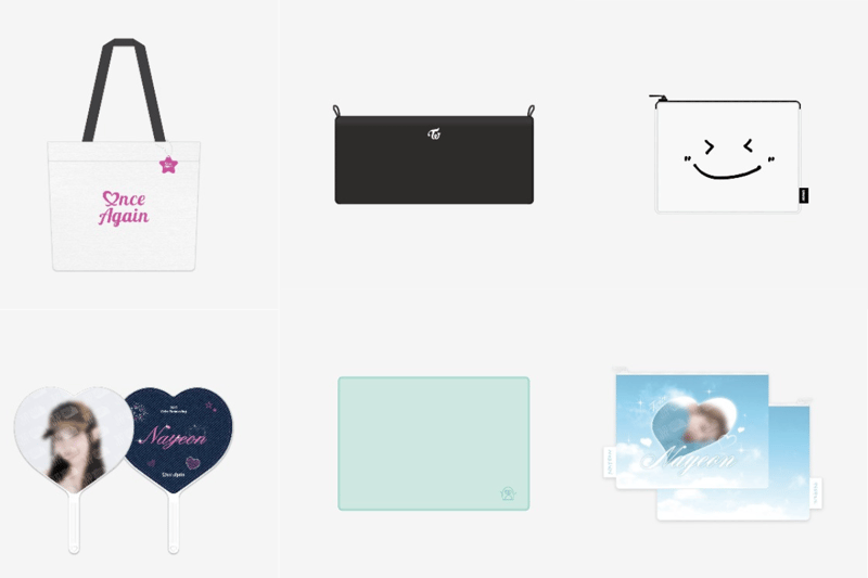 (Clockwise from top left) Once Again tote bag, Candybong pouch, Dayhun Dub pouch, Naeyon photo pouch, Mina blanket and TWICE image picket (Credit: JYP Shop)