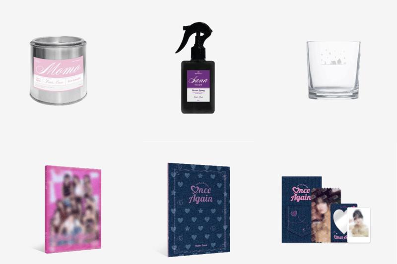(Clockwise from top left) Momo candle, Sana room spray, retro glass, TWICE special ticket set, TWICE poster book and TWICE photo book (Credit: JYP Shop)