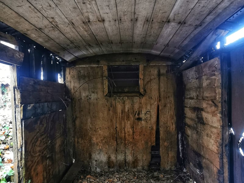 Sheffield's 'Railway Wagon Graveyard' is hidden within dense woodland on the city's outskirts, where the rotting remains of a number of wagon carriages and railway coaches remain. The urban explorer behind Lost Places & Forgotten Faces says it is one of the creepiest places he's ever visited. This photo shows inside one of the old railway wagons which is being reclaimed by nature. Photo: Lost Places & Forgotten Faces