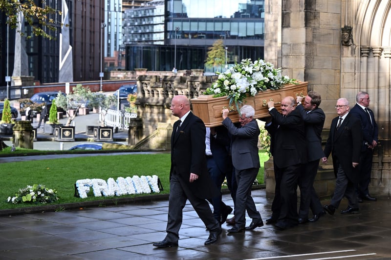 Francis Lee’s coffin is carried out of Manchester Cathedral on Thursday