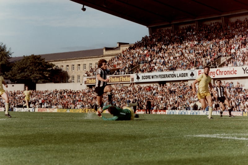 A photograph of a Newcastle United F.C. football match St. James Park Newcastle upon Tyne taken in 1982. Kevin Keegan is tackling another player (Newcastle Libraries)