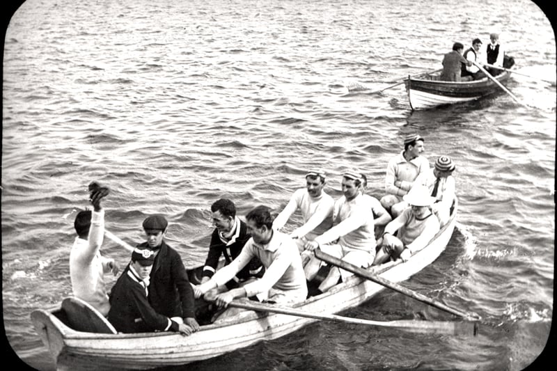 Photograph of two boats and oarsmen from the South Shields Rowing Club taken in c.1910 (Newcastle Libraries)