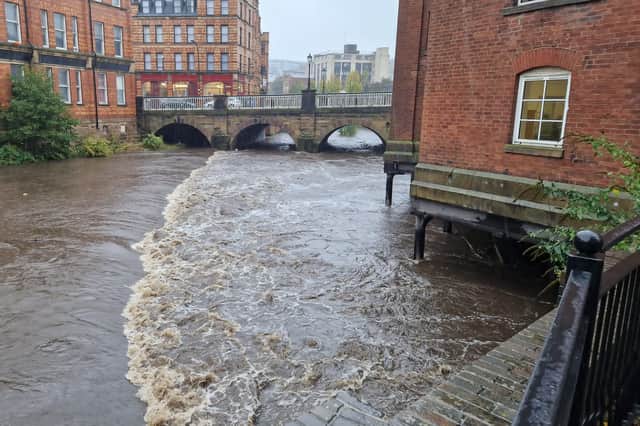 The River Don rising at Lady's Bridge in Sheffield city centre, during Storm Babet