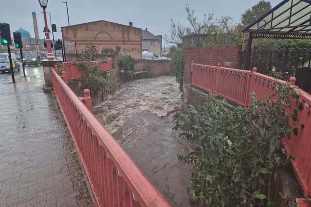 The River Sheaf, pictured here beside London Road in Heeley, is one of a number of rivers around Sheffield for which flood warnings or alerts are in place as Storm Babet hits the UK with heavy rain