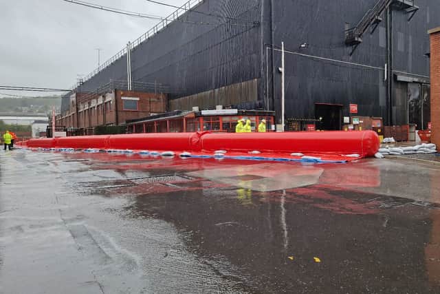 Flood defences have been raised near to Sheffield Forgemasters as Storm Babet continues to hammer the city on October 20.