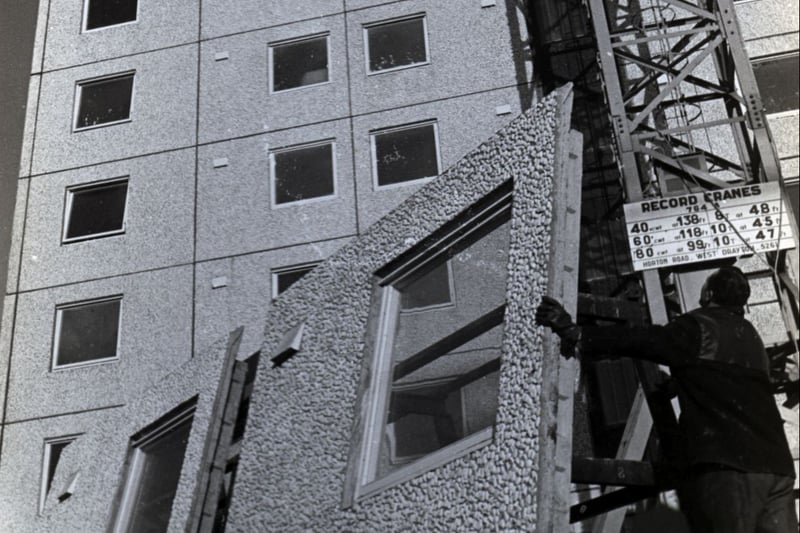The construction of one of eight 12-storey blocks of flats using the factory-made Bison Wall Frame System.