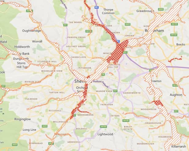 A map showing the areas of Sheffield with flood warnings or flood alerts in place as of 2pm on Friday, October 20, during Storm Babet