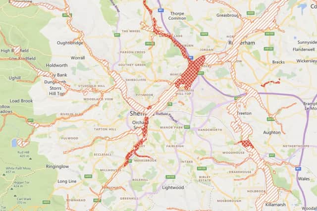 A map showing the areas of Sheffield with flood warnings or flood alerts in place as of 2pm on Friday, October 20, during Storm Babet
