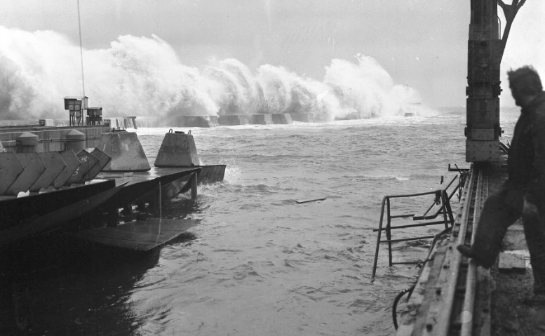 Sunderland South Docks shipyard of Austin and Pickersgill where waves crashing against the south breakwater reached 100 feet high in 1975. 
Work on the after-end of ships on the berths had to be suspended.
