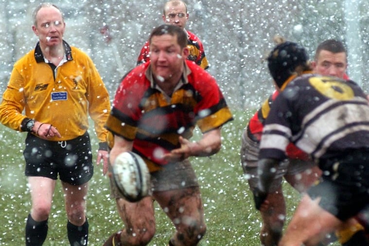 Sunderland and Houghton play on through a snow storm in 2005.