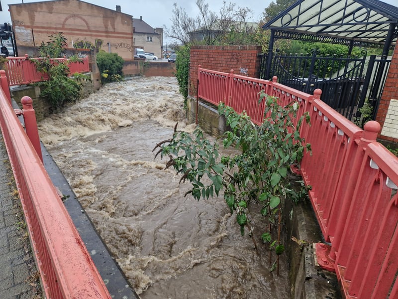 The River Sheaf was only just below the level of Heeley Bridge on London Road, Sheffield, during Storm Babet
