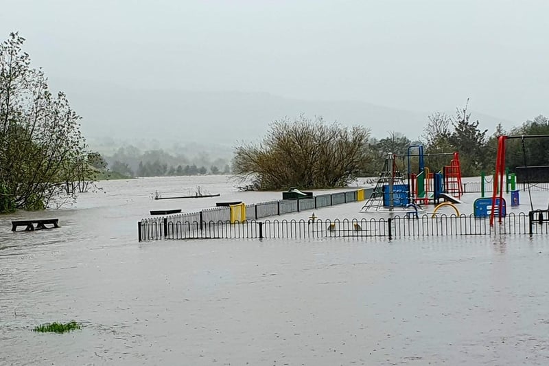 A play park in Rothsbury submerged in the flood 