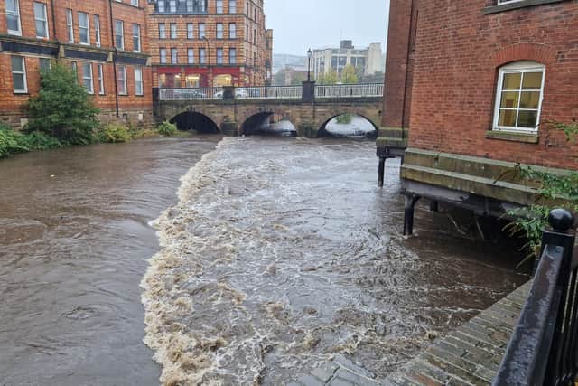This image shows how water is rising on the Rover Sheaf in Sheffield on October 20 during Storm Babet. A number of flood alerts have been issued.