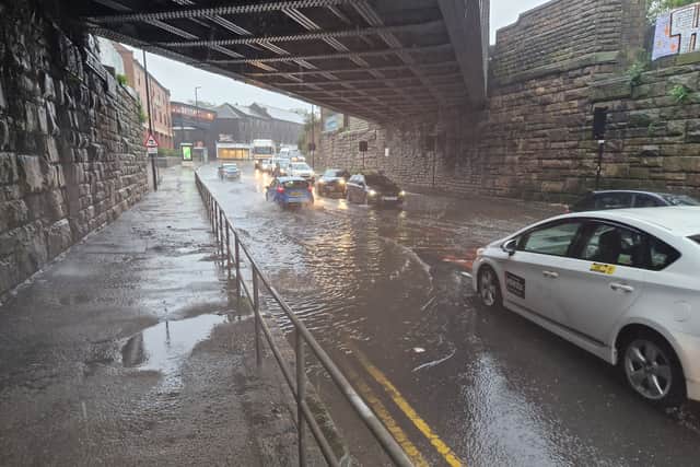This image shows how an area of Chesterfield Road in Sheffield has flooded this morning during Storm Babet.