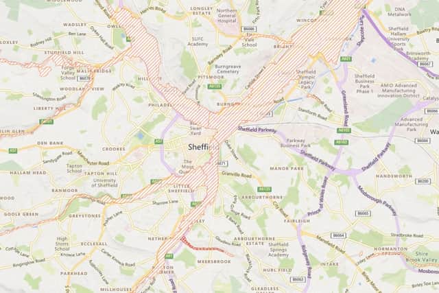 These are the areas  affected by flood alerts in Sheffield as of 10.15am on October 20, 2023 during Storm Babet. Image by Microsoft and TomTom.