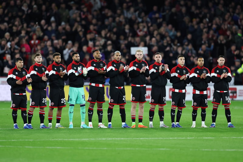 Sheffield United players observe a minute’s applause for legendary United and England midfielder Bobby Charlton whose death was announced on Saturday. Picture: Simon Bellis/ Sportimage