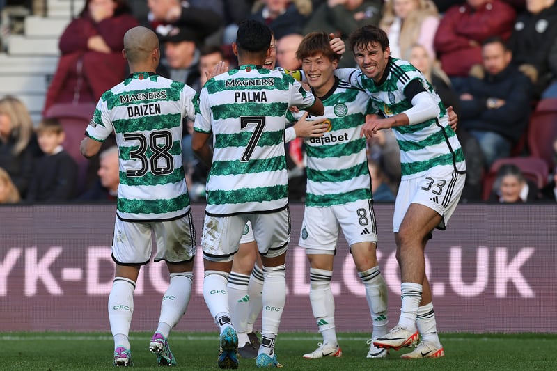 Kyogo Furuhashi of Celtic celebrates his goal with team mates Matt O’Riley, Callum McGregor, Luis Palma and Daizen Maeda against Hearts.