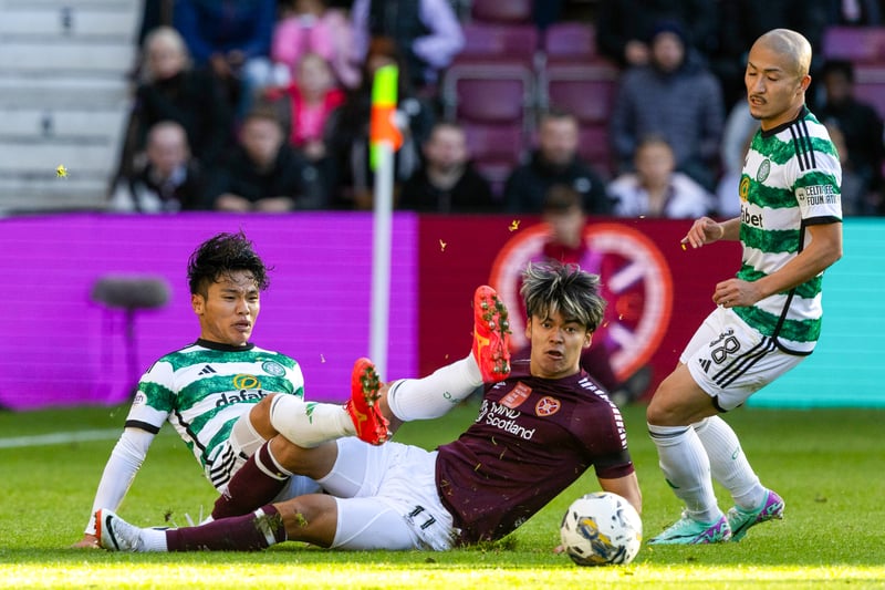 Hearts’ number 11 makes a quick impact as he returns to match-day action, fighting hard against his compatriots. 