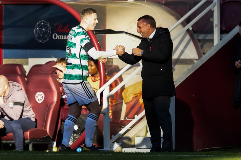 Celtic manager and captain Callum McGregor celebrate as McGregor is substituted. 