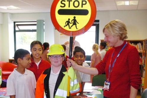 Carol Davis of Sunderland School Crossing Patrols with pupils from Richard Avenue Primary School during their Aspire Day.