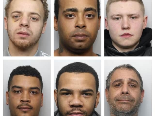 The ringleader of an organised crime group selling crack cocaine on the streets of Sheffield has been jailed after a lengthy five year investigation by South Yorkshire Police.
Jesiah Galloway, aged 29, and his gang of drug mules and dealers were jailed at Sheffield Crown Court on Monday, October 9, 2023 for a combined total of over 30 years.
Left to right, top row- Galloway, James and Woodhead. Left to right bottom row- Scott, Anderson and Khan. (Photo courtesy of South Yorkshire Police)