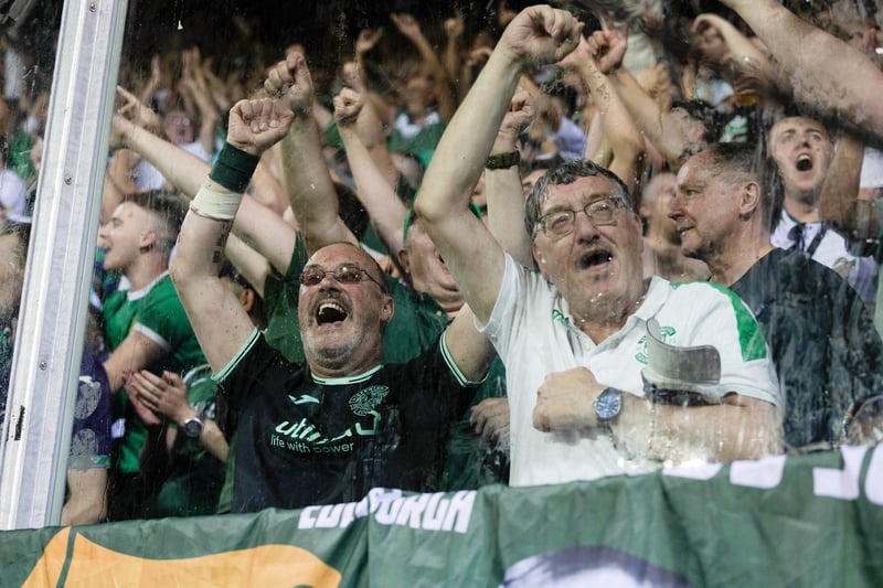 Hibs fans celebrate the win over FC Luzern in the Conference League qualifiers.