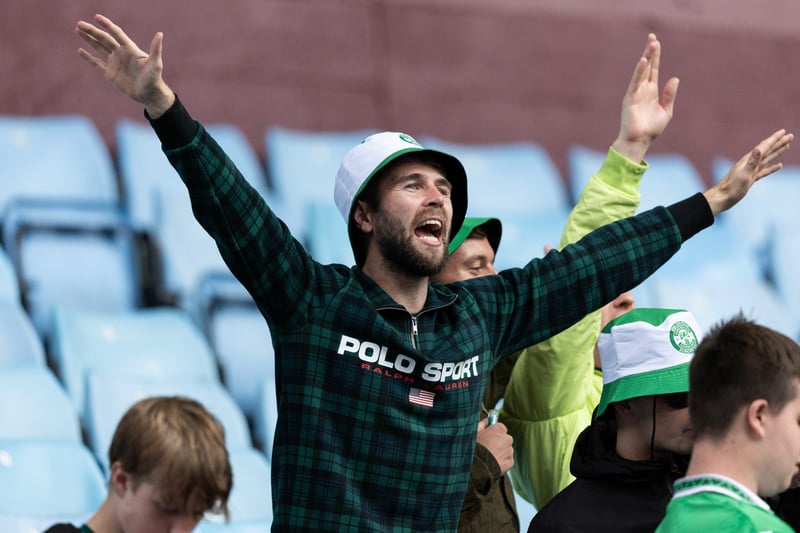 A Hibs fan continues to sing out as Aston Villa beat the Easter Road outfit in the European play-offs. 