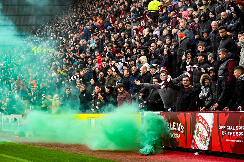 Hearts fans respond to a green smoke bomb being thrown during the Edinburgh derby at Tynecastle.
