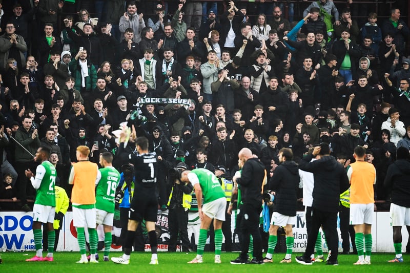 Hibs fan celebrate following the 2-2 draw at Tynecastle as Elie Youan scores an 82-second brace. 