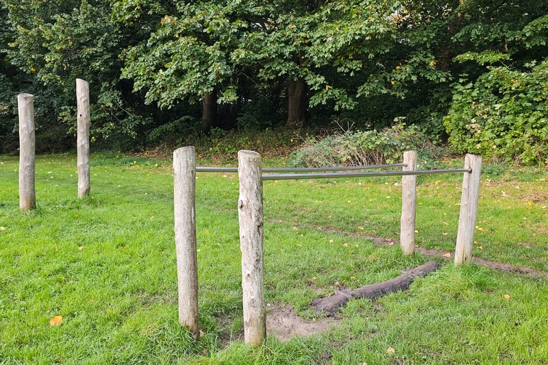 The bars were built by Touch Wood, a play equipment firm based at the bottom of Ashton Court that uses local wood from the Forest of Avon, and is part of the trim trail installed with the money raised by FROGS. The bars are near the Youth Shelter.