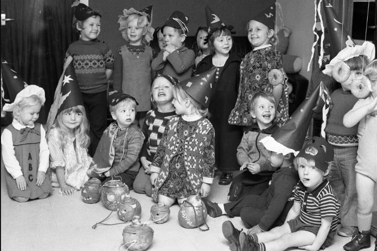 Doughnuts were the food of choice for bobbing at the Halloween party at Thompson Park Nursery in 1975.