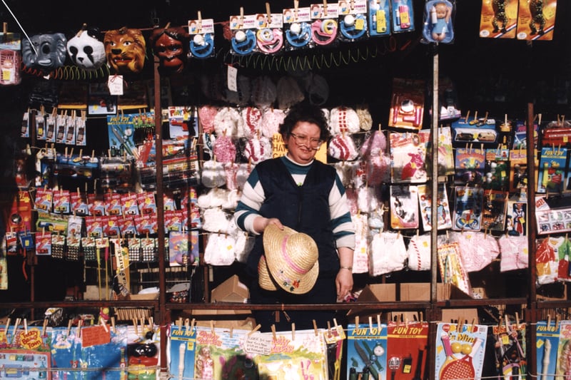  A view of the Quayside Market Newcastle upon Tyne taken in 1995. The photograph shows a stall selling children’s toys. 