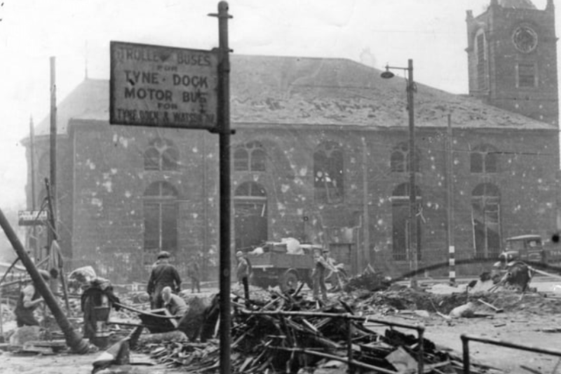 St Hilda Church took the brunt of a bomb raid in 1941 but look at the response of locals who were quick to help out in the clear-up. Photo: Shields Gazette