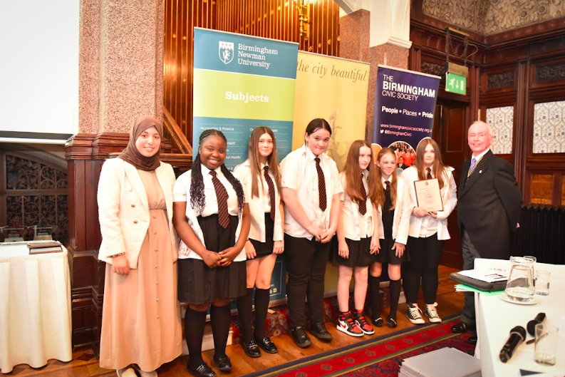 In October 2023, a group of inspiring teenage pupils have created an enterprising project to combat knife crime in the city.
The team of six Year 8 pupils from King Edward VI Northfield School for Girls were awarded the Newman Prize at Birmingham Civic Society's Next Generation Awards 2023 - winning £1,500 for their school at a presentation at Highbury Hall in Moseley on October 12