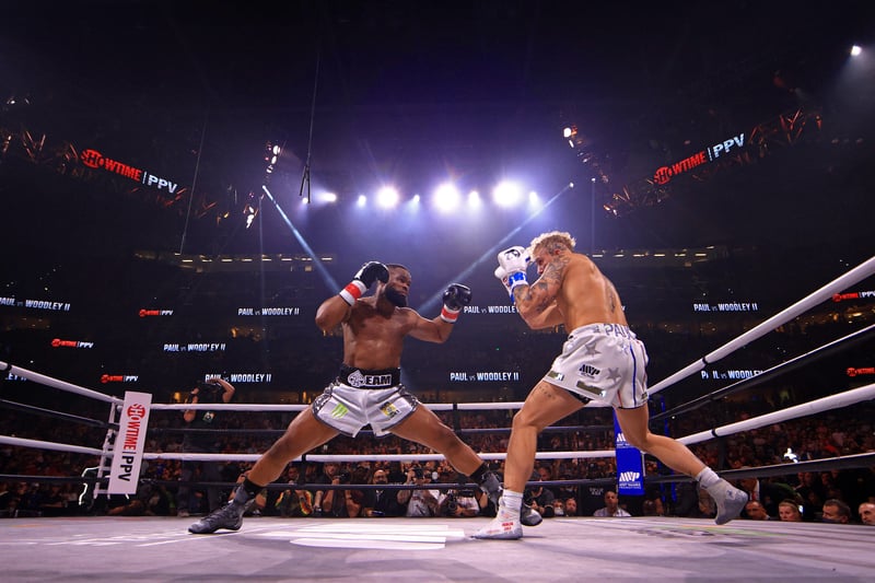 YouTuber Jake Paul made his boxing debut against KSI’s younger brother Deji Olatunji in an amateur bout in 2018 and after a series of knockout victories made the decision to challenge former UFC champion Tyrone Woodley in a boxing match.  The original contest was a close fought affair as Paul, who was 15 years younger than Woodley, earned a narrow split decision victory.  A few months later that same year, the pair had a rematch and Paul was once again victorious this time scoring a sixth round knockout. (Getty Images)