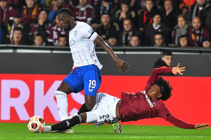 Sparta Prague defender Angelo Preciado and Rangers’ forward Abdallah Sima vie for the ball during the goalless draw.