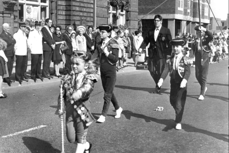 Jazz bands parading past Jarrow Town Hall in September 1970. Photo: Shields Gazette