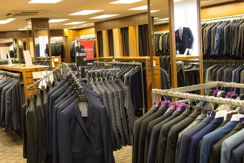 Slater Menswear, Glasgow, covers an area of 2,600 metres squared(28,000 square foot) including the reception area, with about 14,000 suits in stock at any one time.