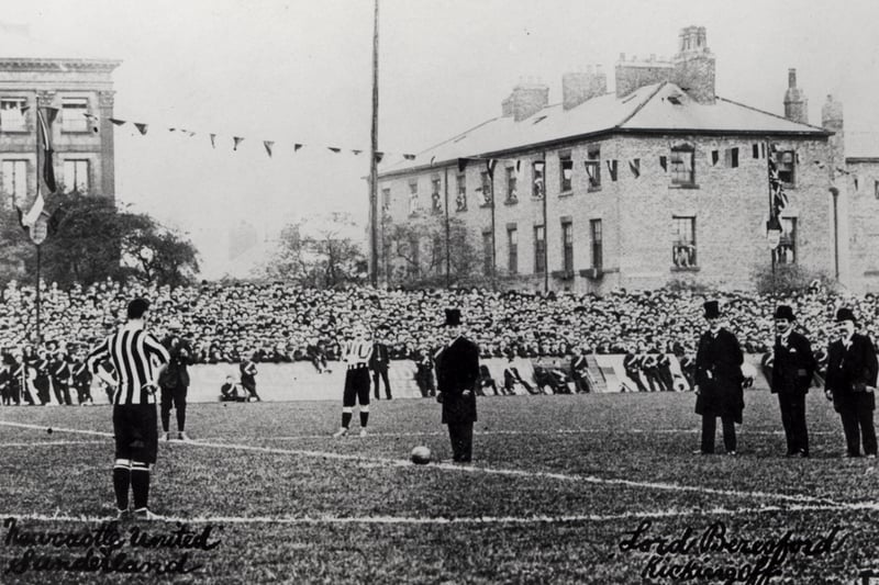  A photograph of the Newcastle v Sunderland derby match St. James Park Newcastle upon Tyne taken in 1904. Lord Beresford Admiral of the Channel Fleet is about to kick off the match. (Newcastle Libraries)