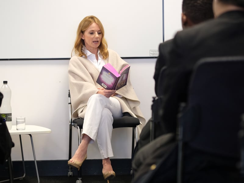 Geri Halliwell-Horner at Sheffield Hallam University where she gave a guest lecture to creative writing and marketing students and read from her new children's book to pupils from local schools. 