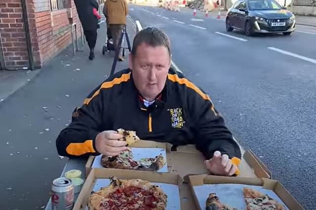 Rate My Takeway star Danny Malin with his pizzas from Little Dough at Sheffield's Cutlery Works food hall, which he said were 'cooked to absolute perfection'. Photo: Rate My Takeaway/YouTube