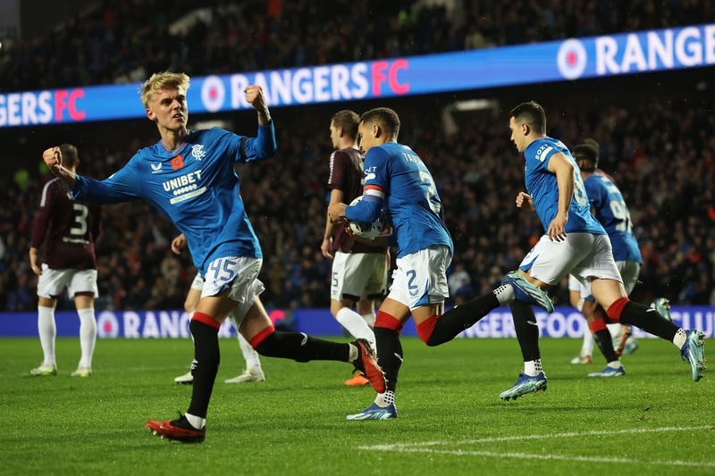 Ross McCausland celebrates James Tavernier’s successful penalty conversion against Hearts to make it 1-1 late in the match.