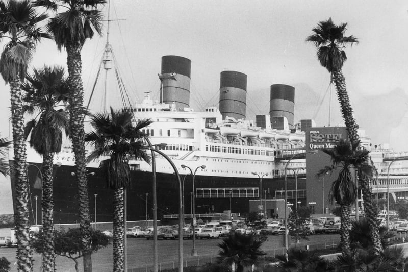 The veteran Cunard White Star liner Queen Mary, now converted to a floating museum, hotel and shopping centre at Long Beach, California. The Americans purchased the vessel in 1967 and spent $16,500,000 transforming it into a luxury entertainment centre.  