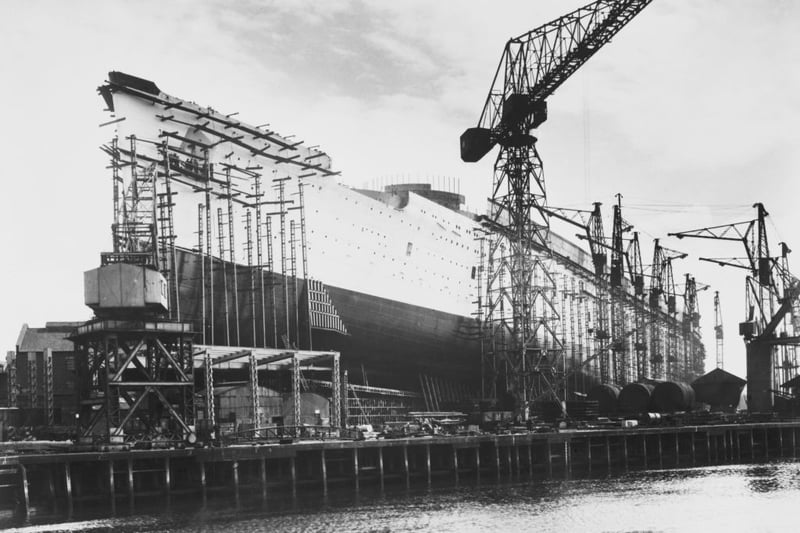The new Cunard White Star liner '534', later the Queen Mary, during its construction at the John Brown & Co shipyard, Clydebank, Scotland, 1934. 