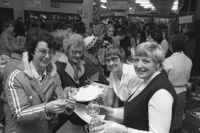 Binns assistants Vi Dixon (second right) and Jean Tynemouth (right) who worked flat out to cope with the demand in the sales in the china department in December 1980.