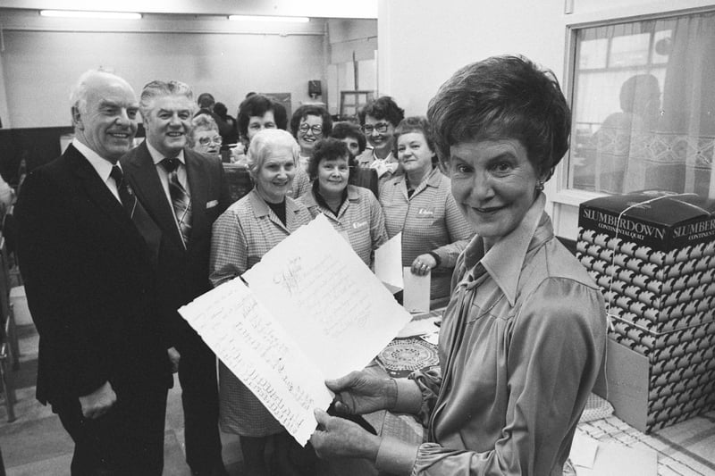 Vera Park was pictured with gifts on the day she retired from Binns in 1981.