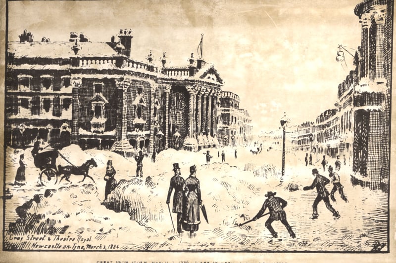 : A photograph of a drawing which shows Grey Street during the great snow storm of 1886. Men are clearing paths through the snow so that people and horse-drawn vehicles can get through. The Theatre Royal is in the background to the left. (Newcastle Libraries)