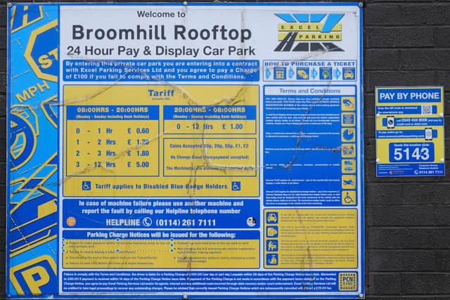 Sign at Broomhill Rooftop, run by Excel Parking which takes about four minutes to read.