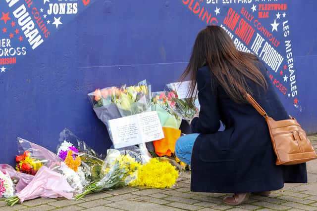 Fans lay tributes at The Utilita Arena, Sheffield, after Nottingham Panthers ice hockey forward Adam Johnson died (Picture: Anita Maric / SWNS)
